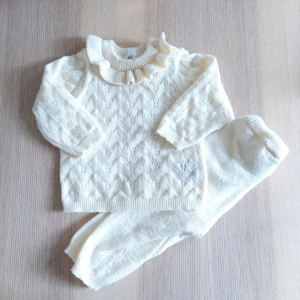 H&M Sweater Set Cream Pointelle Knit Ruffle Collar Pants Baby 6 Months